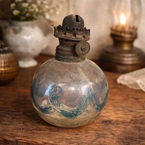 Antique CLEAR Glass Finger Oil Lamp, Victorian Kerosene Lamp Blue Painted Detail